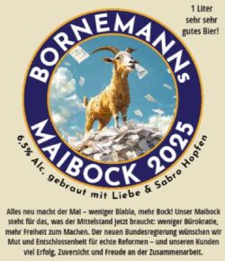 Bornemann's Maibock 2025 的标签上有山羊和政治文字。