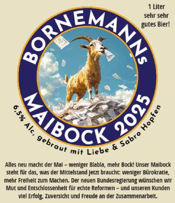 Bornemann's Maibock 2025 的标签上有山羊和政治文字。